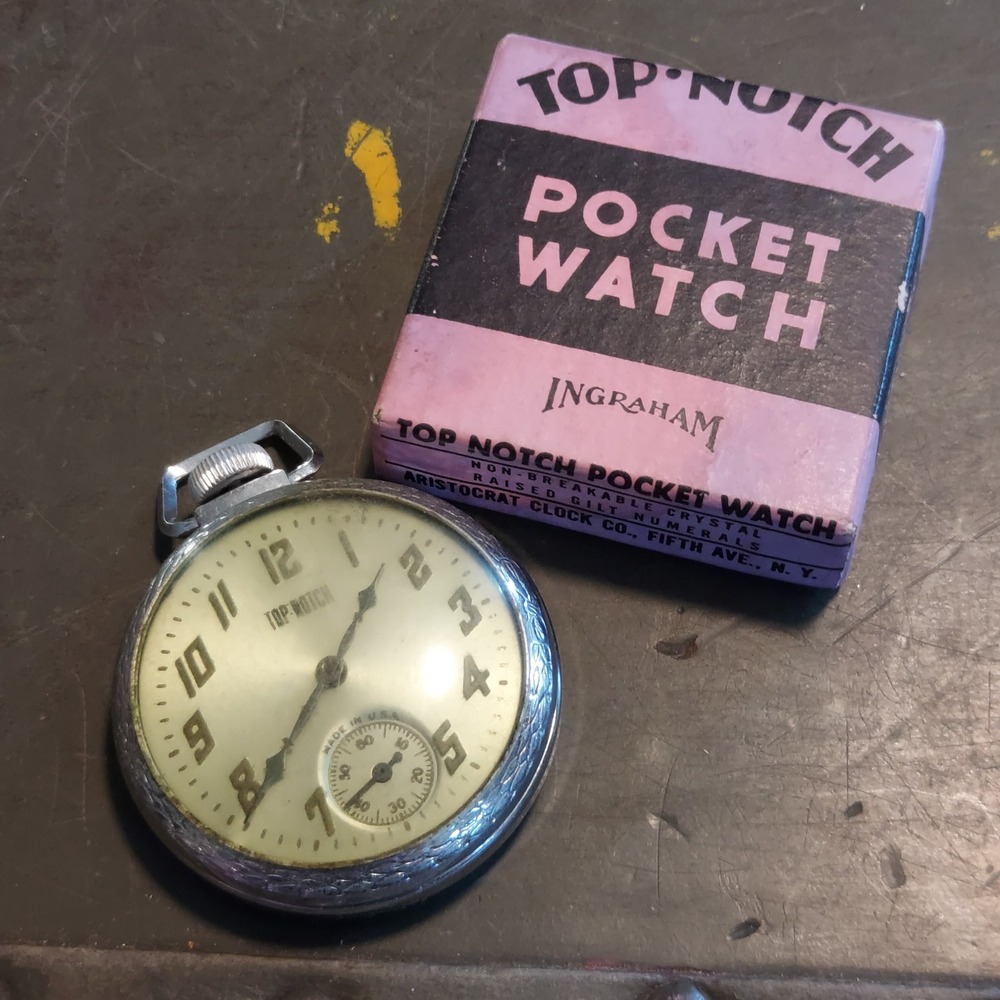Vintage Ingraham Top Notch Pocket Watch Silver Tone Etched Case w/ Original Box